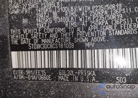 2012 Toyota Sienna Se 8 Passenger z USA, uszkodzony, nr VIN 5TDXK3DC8CS181008